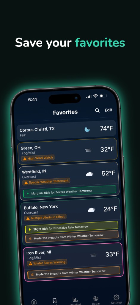 Favorites list with watches, warnings, and outlook tags