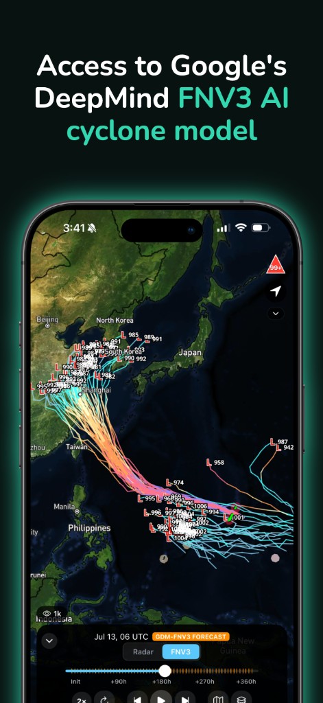 Google DeepMind FNV3 cyclone model on the map