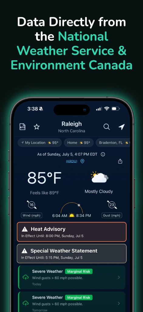 EverythingWx home screen for Raleigh with temperature, wind, and alerts